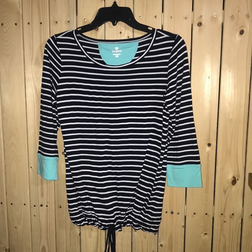 Talbots Navy Blue White Striped Blouse XS